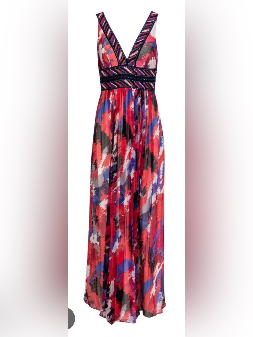 Bcbgmaxazria Red Multi Pleated Abstract Print Maxi Dress